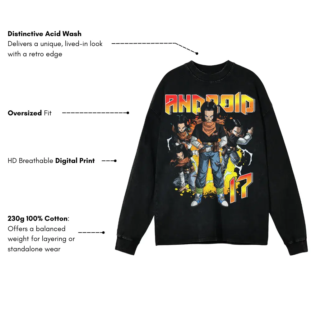 Cell Saga Androids Acid Wash Oversized Long Sleeve Shirt - Image 3