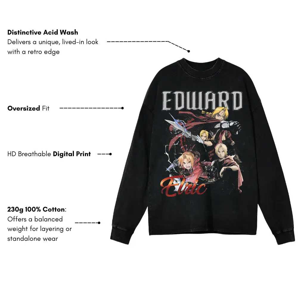 Fullmetal Alchemist Edward Acid Wash Oversized Long Sleeve Shirt - Image 3