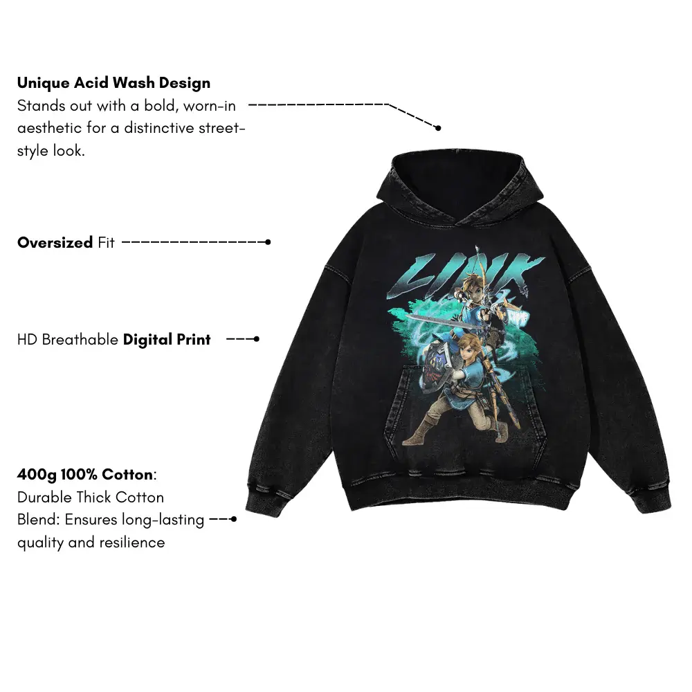 Hero Of Hyrule Acid Wash Oversized Hoodie - Image 3