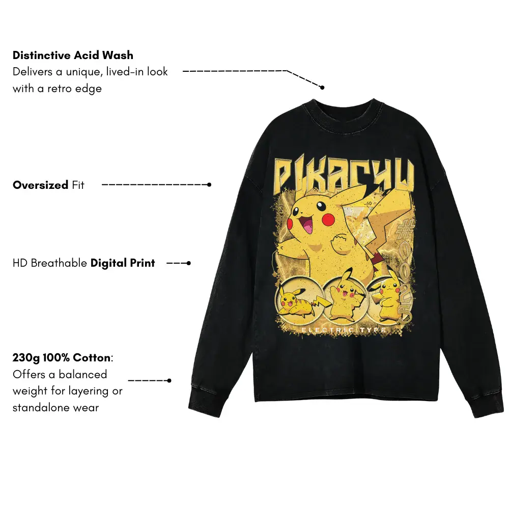 I Choose You Pikachu Acid Wash Oversized Long Sleeve Shirt - Image 3