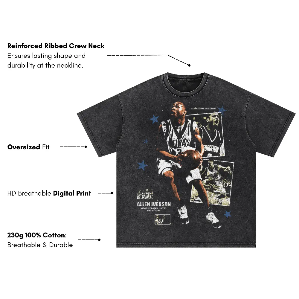 Allen Iverson 76ers Monochrome Art Oversized Acid Wash T-shirt - Image 4