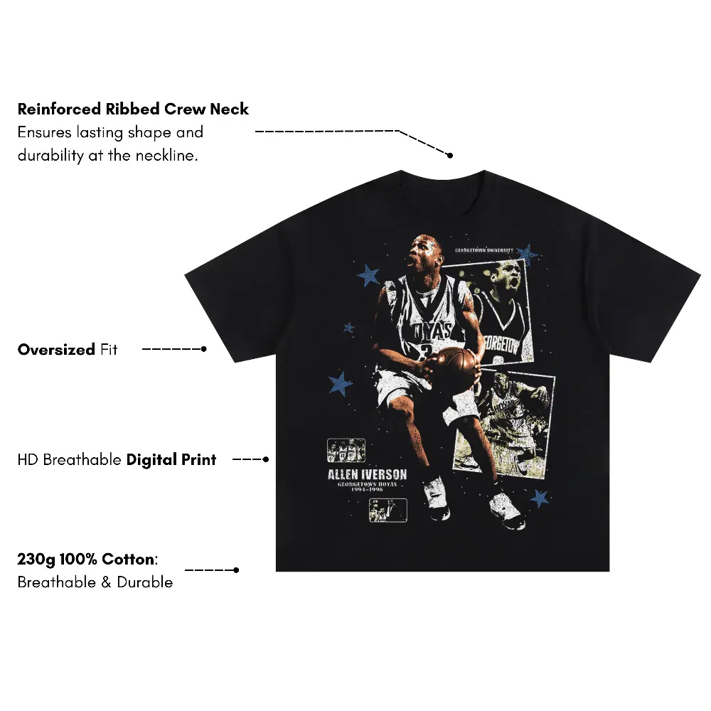 Allen Iverson 76ers Monochrome Art Oversized Black Graphic Tee - Image 4