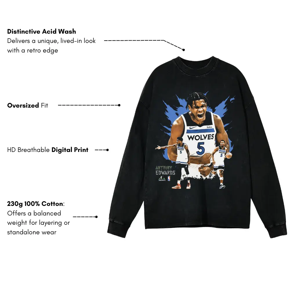 Anthony Edwards Timberwolves Franchise Star Acid Wash Oversized Long Sleeve Shirt - Image 4