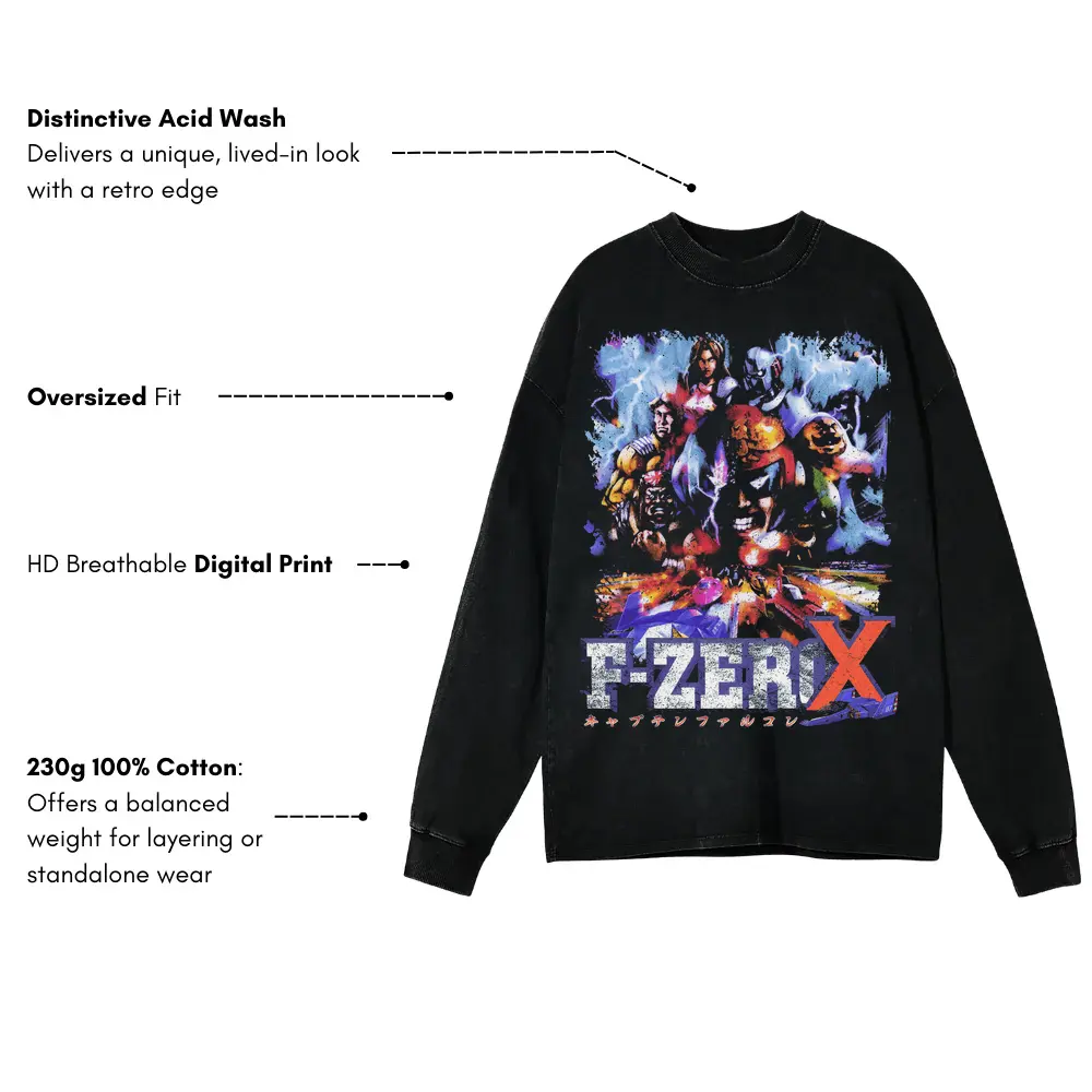 F Zero X Racers Acid Wash Oversized Long Sleeve Shirt - Image 4