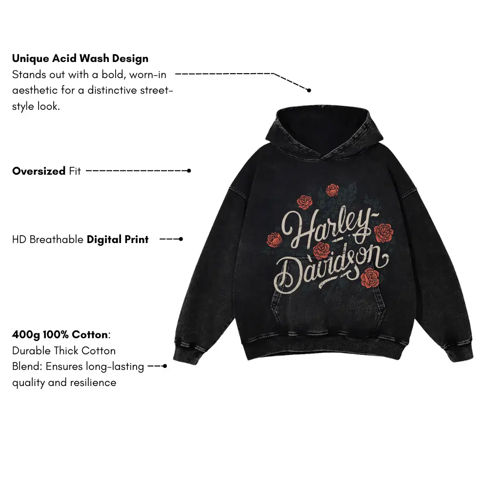 Harley Davidson Rose Wreath Acid Wash Oversized Hoodie - Image 4