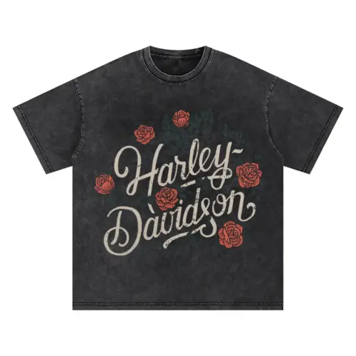 Harley Davidson Rose Wreath Oversized Acid Wash T-shirt