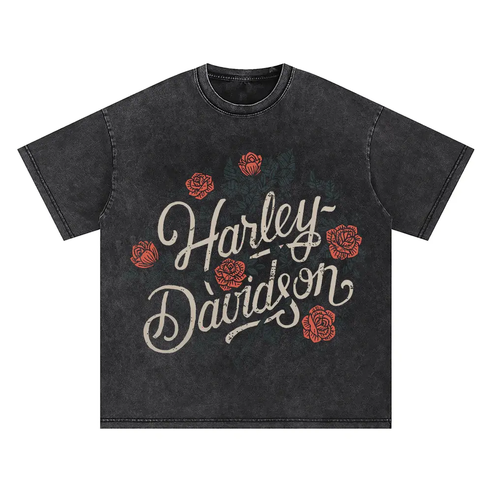 Harley Davidson Rose Wreath Oversized Acid Wash T-shirt