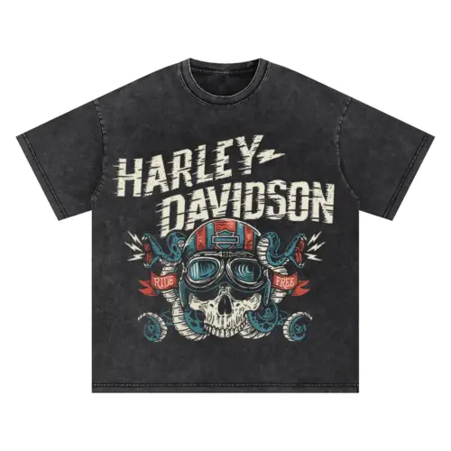 Harley Davidson Skull And Spanners Oversized Acid Wash T-shirt