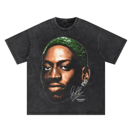 Dennis Rodman Green Hair Signature Portrait Oversized Acid Wash T-shirt