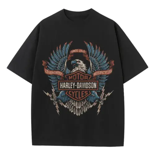 Harley Davidson Motor Wings Heavyweight Oversized Black Graphic Tee