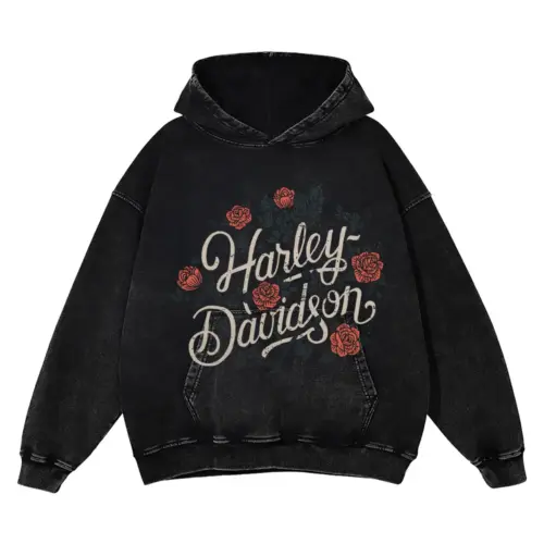 Harley Davidson Rose Wreath Acid Wash Oversized Hoodie