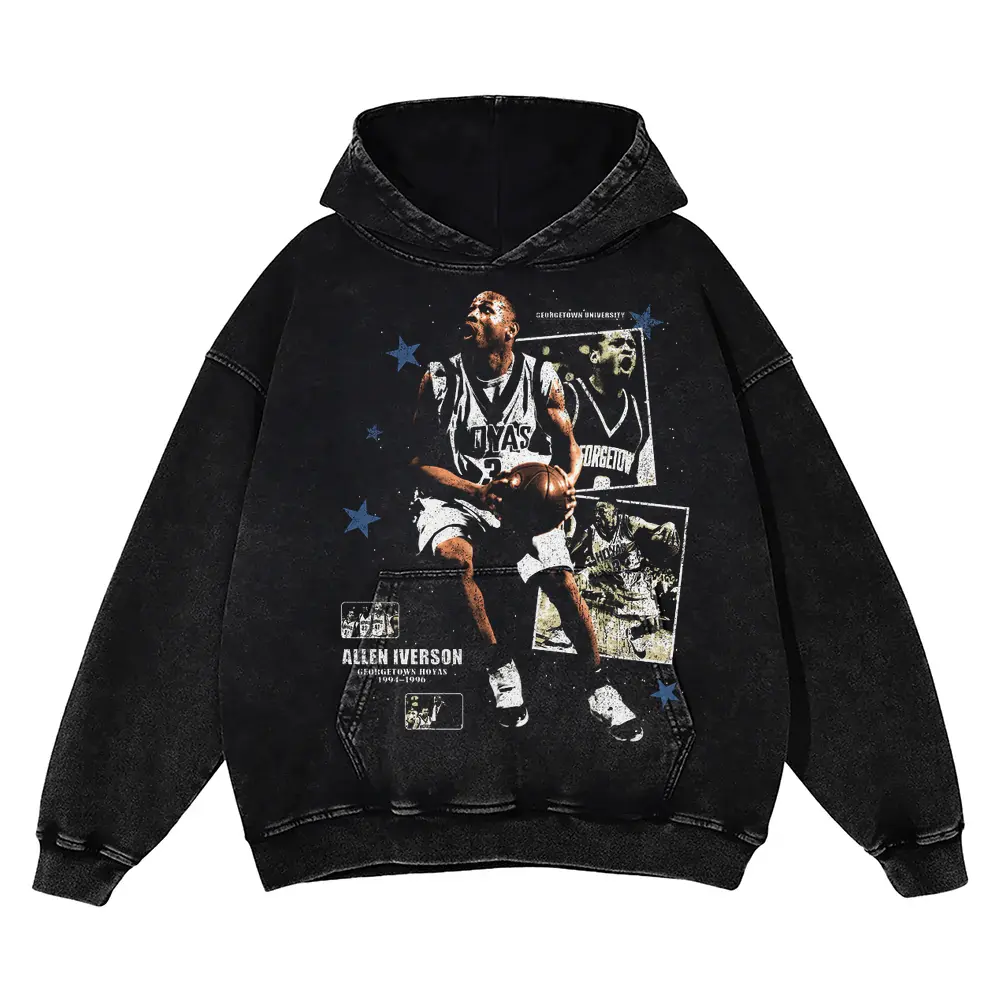 Allen Iverson 76ers Monochrome Art Acid Wash Oversized Hoodie