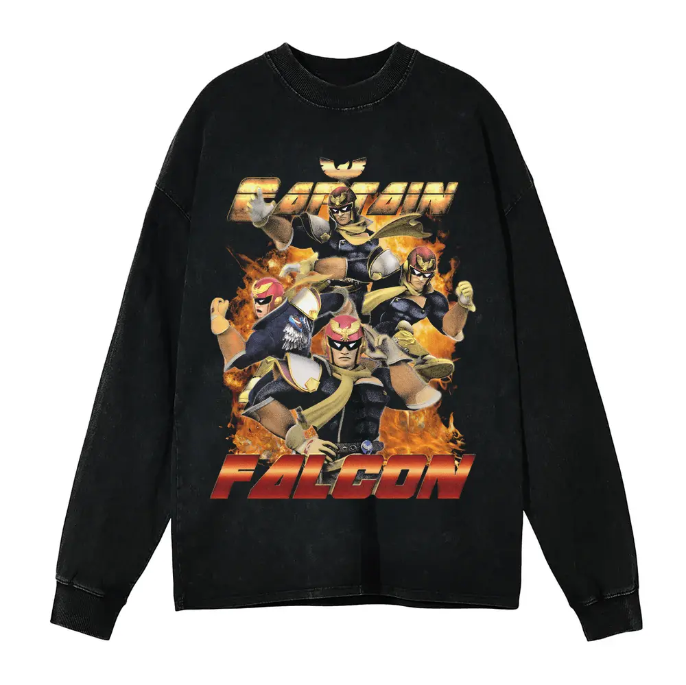 Falcon Punch Acid Wash Oversized Long Sleeve Shirt