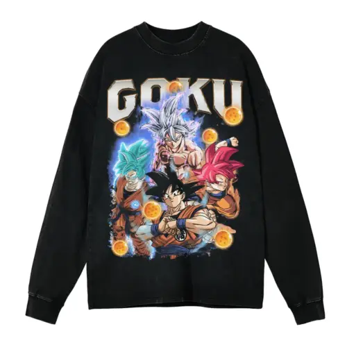 History Of Son Goku Acid Wash Oversized Long Sleeve Shirt