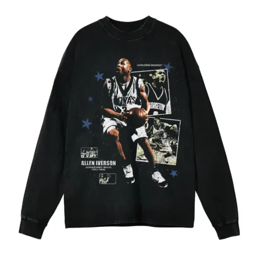Allen Iverson 76ers Monochrome Art Acid Wash Oversized Long Sleeve Shirt