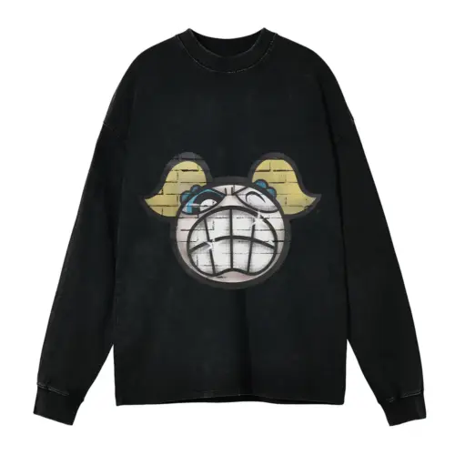 Belligerent Unibrow Acid Wash Oversized Long Sleeve Shirt