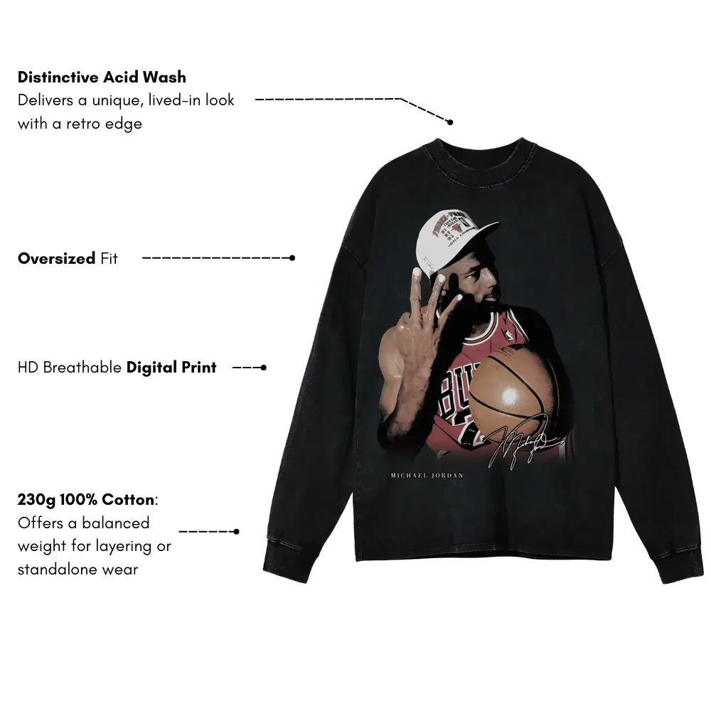Michael Jordan Three Fingers Up Acid Wash Oversized Long Sleeve Shirt - Image 4