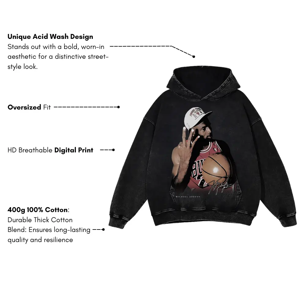 Michael Jordan Three Fingers Up Acid Wash Oversized Hoodie - Image 4