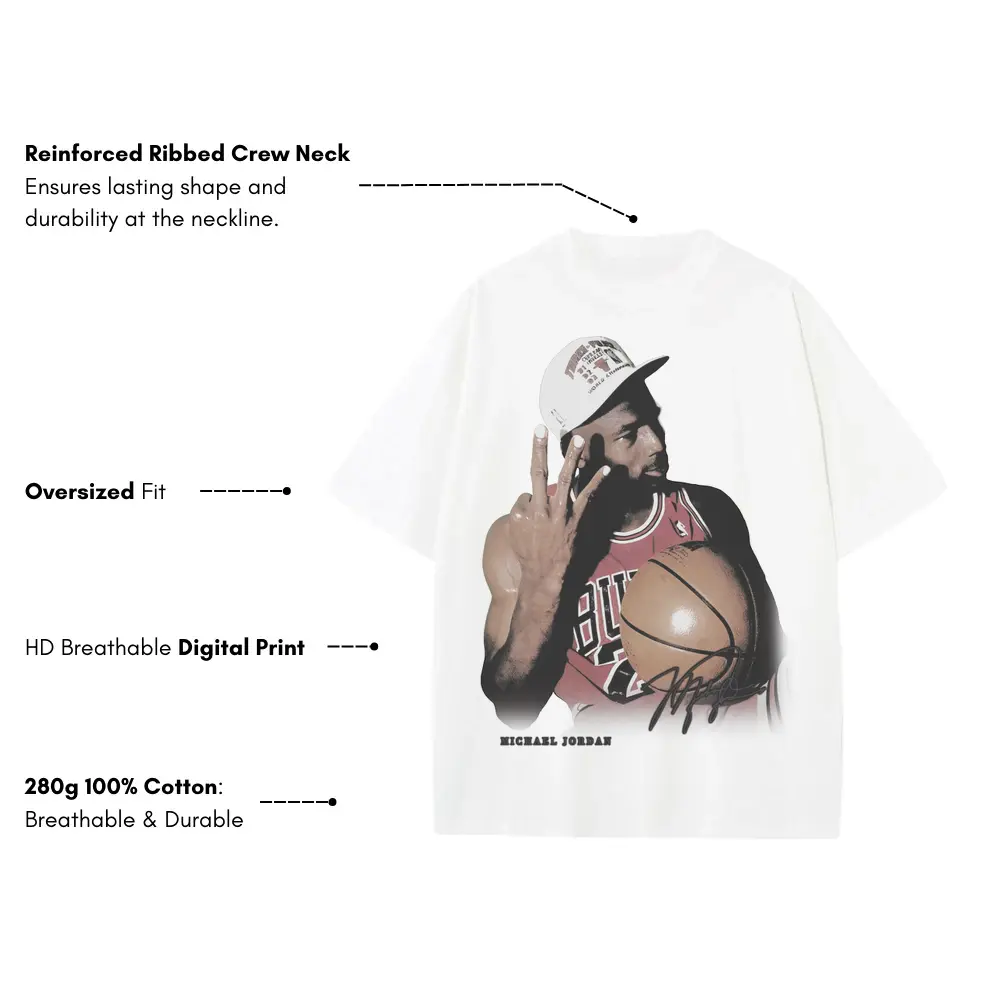 Michael Jordan Three Fingers Up Heavyweight Oversized White Graphic Tee - Image 4
