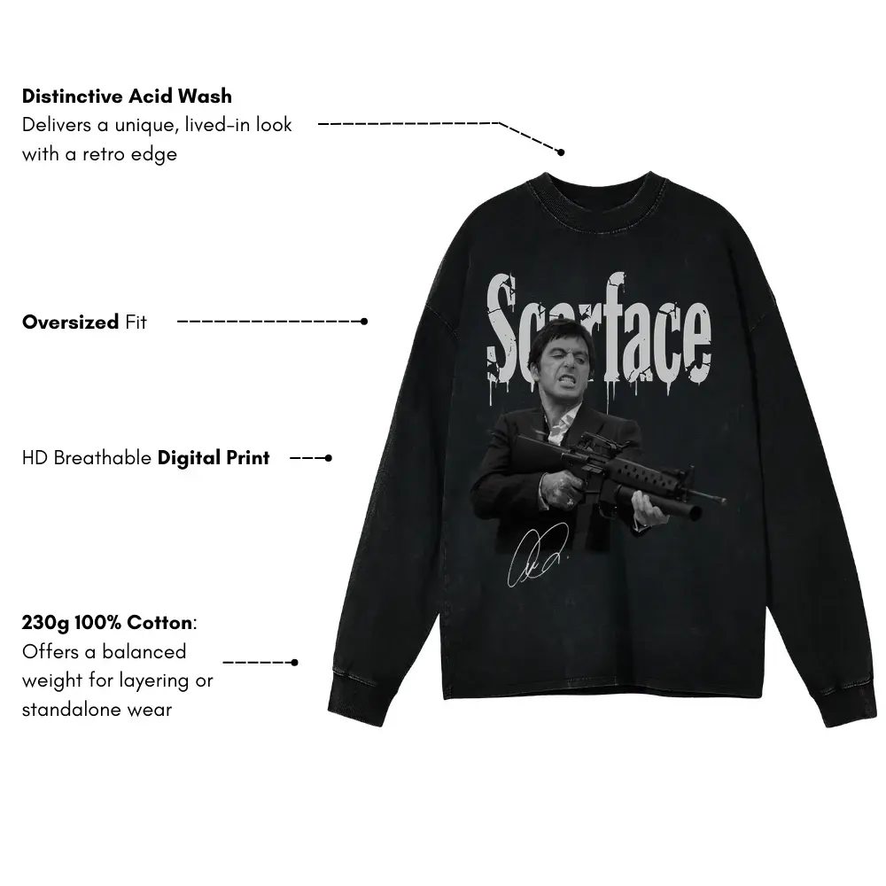 Scarface 'Machine Gun' Acid Wash Oversized Long Sleeve Shirt - Image 4