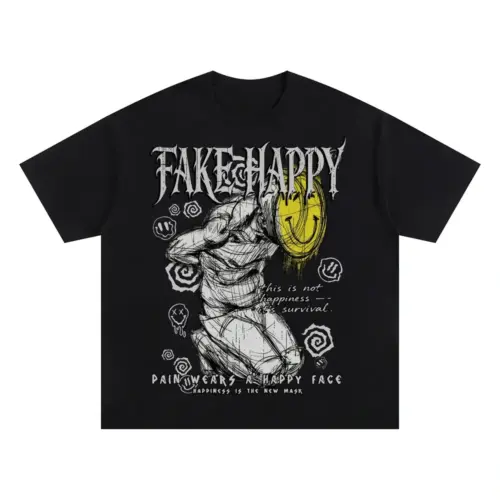 FAKE HAPPY Oversized Black Graphic Tee