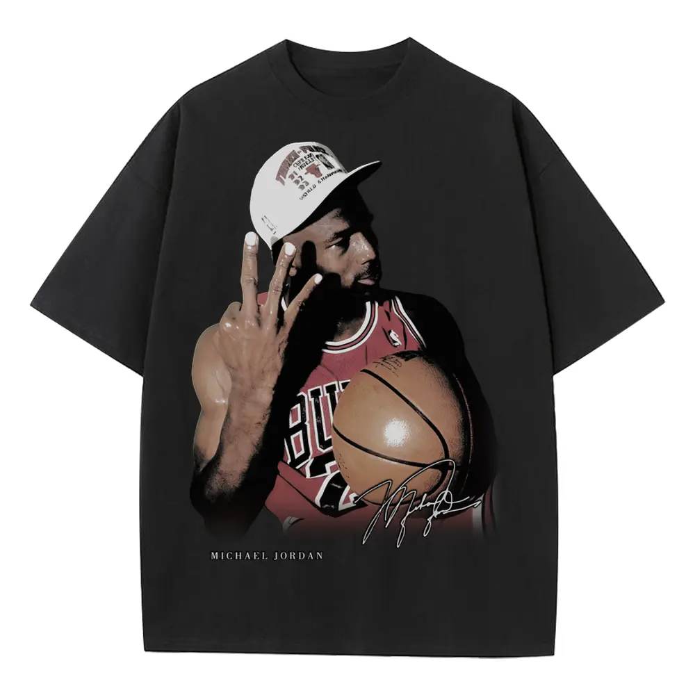 Michael Jordan Three Fingers Up Heavyweight Oversized Black Graphic Tee