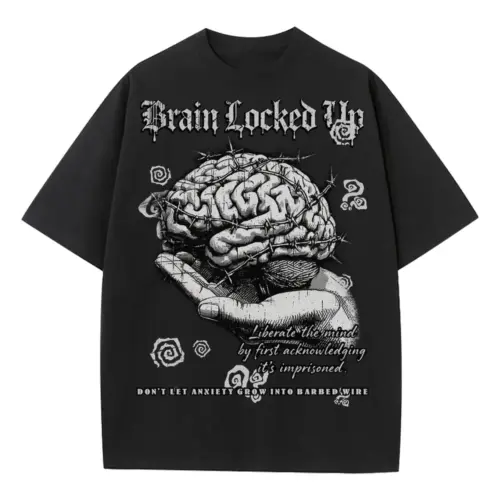 Brain Locked Up Heavyweight Oversized Black Graphic Tee