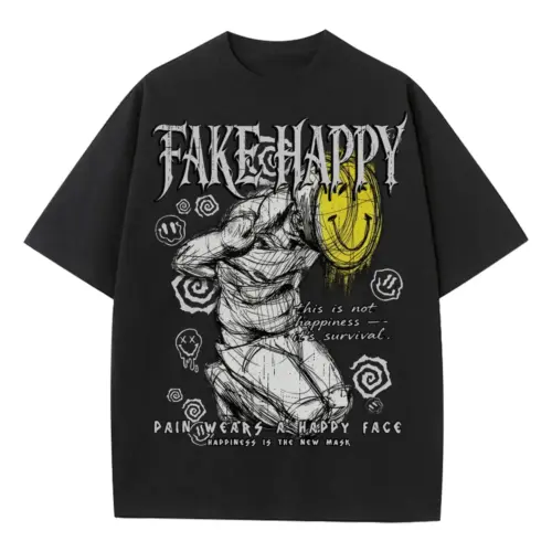 FAKE HAPPY Heavyweight Oversized Black Graphic Tee