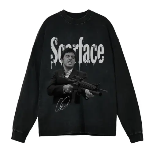 Scarface 'Machine Gun' Acid Wash Oversized Long Sleeve Shirt