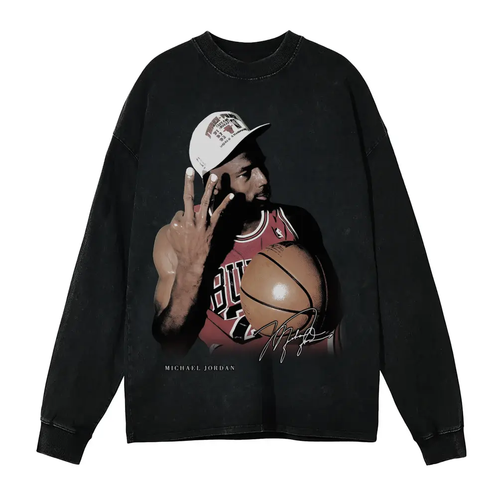 Michael Jordan Three Fingers Up Acid Wash Oversized Long Sleeve Shirt