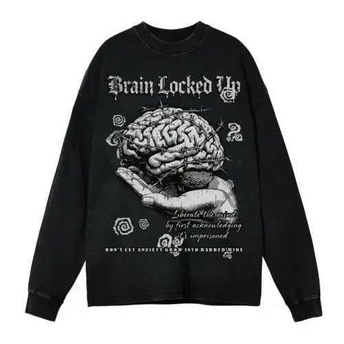 Brain Locked Up Acid Wash Oversized Long Sleeve Shirt