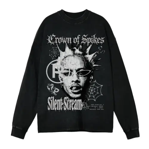 Crown Of Spikes Acid Wash Oversized Long Sleeve Shirt