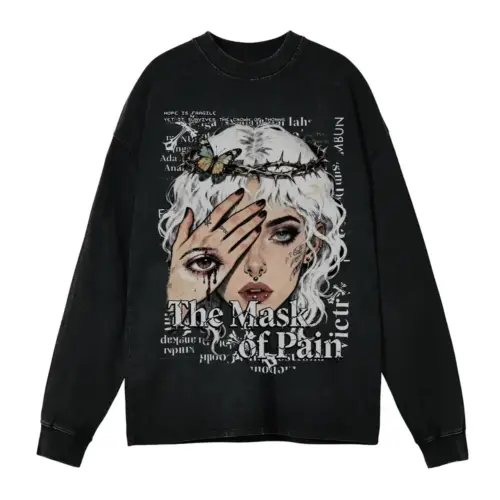The Mask Of Pain Acid Wash Oversized Long Sleeve Shirt