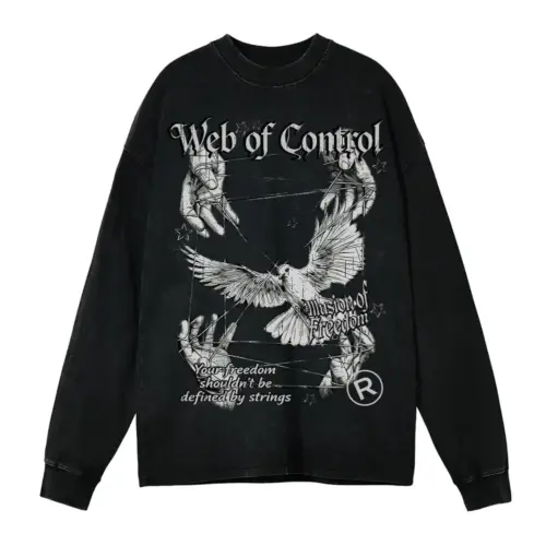 Web Of Control Acid Wash Oversized Long Sleeve Shirt