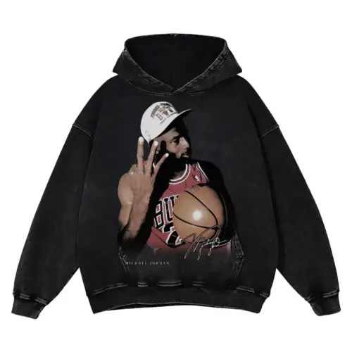 Michael Jordan Three Fingers Up Acid Wash Oversized Hoodie