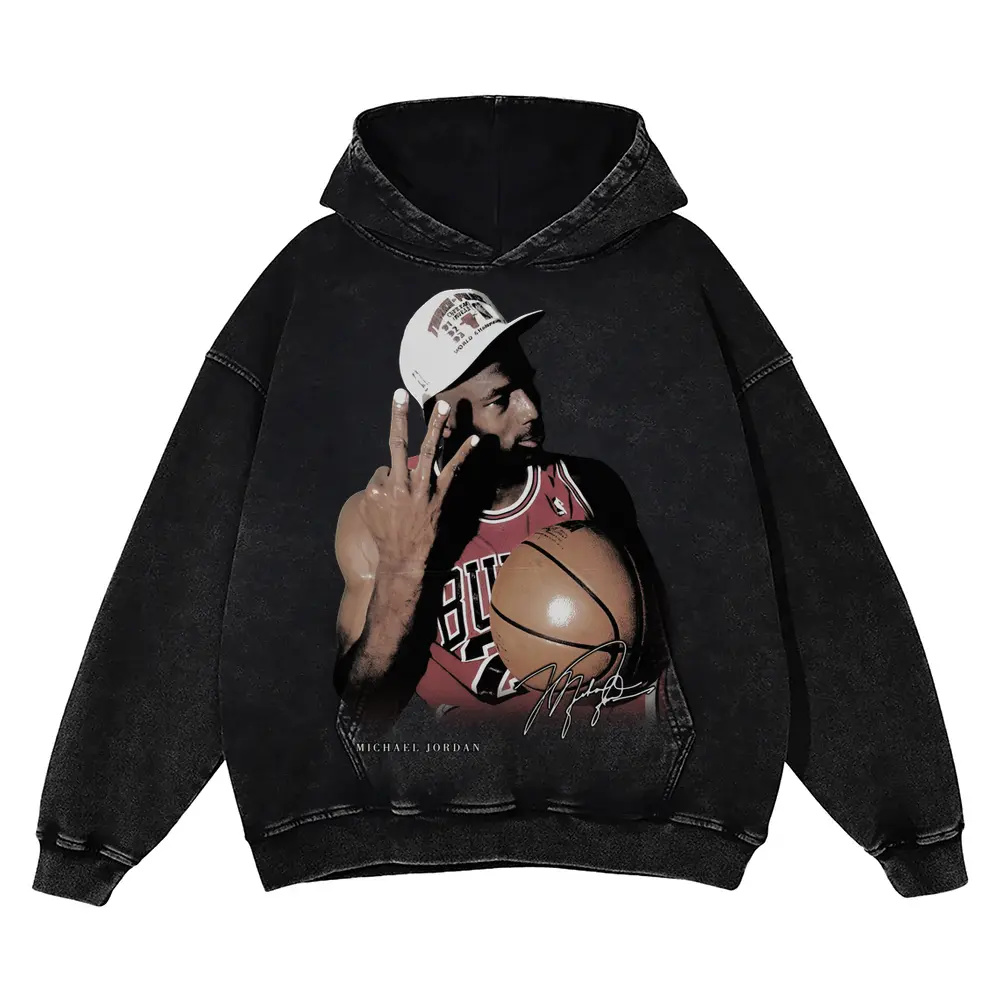 Michael Jordan Three Fingers Up Acid Wash Oversized Hoodie