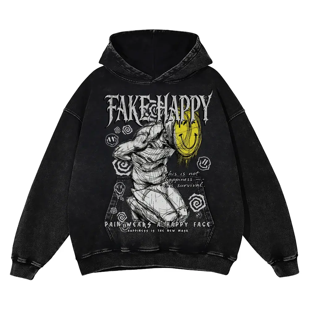 FAKE HAPPY Acid Wash Oversized Hoodie