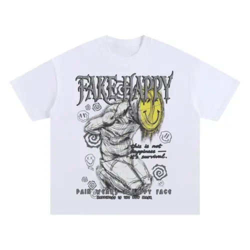 FAKE HAPPY Oversized White Graphic Tee