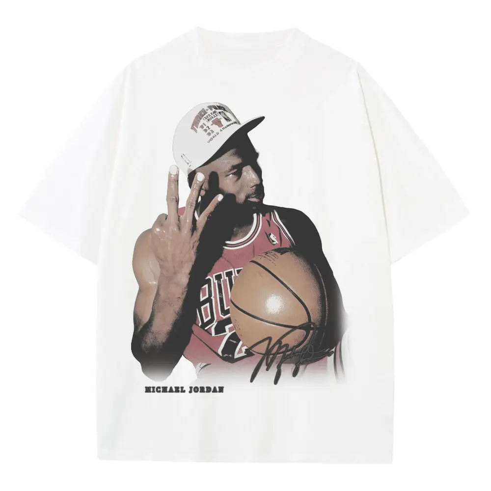 Michael Jordan Three Fingers Up Heavyweight Oversized White Graphic Tee