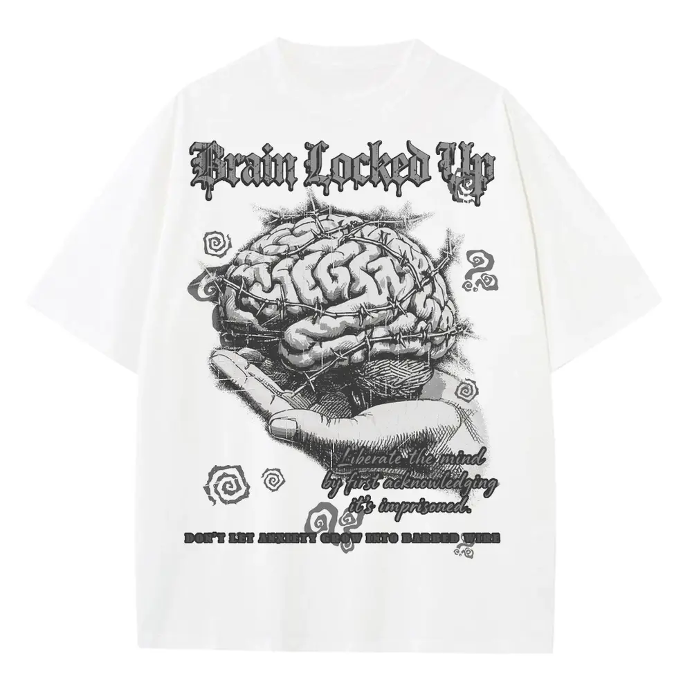 Brain Locked Up Heavyweight Oversized White Graphic Tee