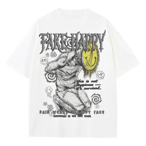 FAKE HAPPY Heavyweight Oversized White Graphic Tee