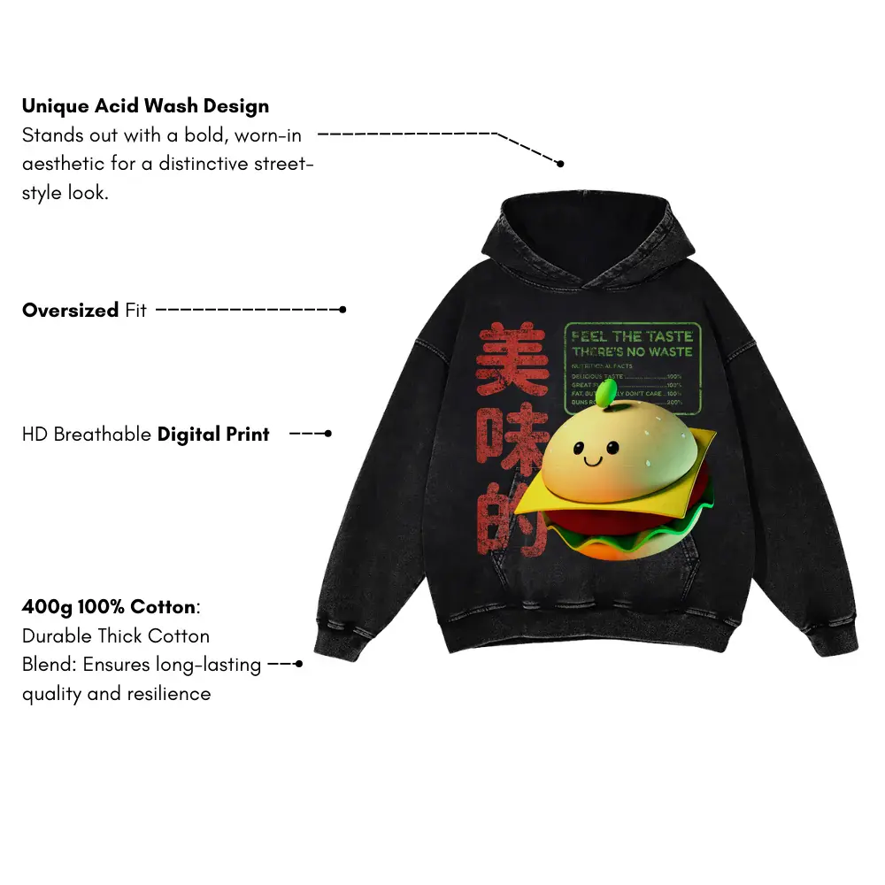 3D Tasty Burger Acid Wash Oversized Hoodie - Image 3