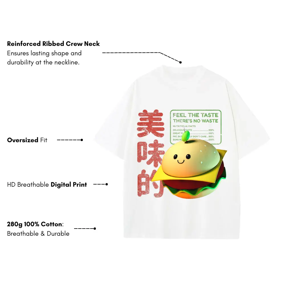 3D Tasty Burger Heavyweight Oversized White Graphic Tee - Image 3