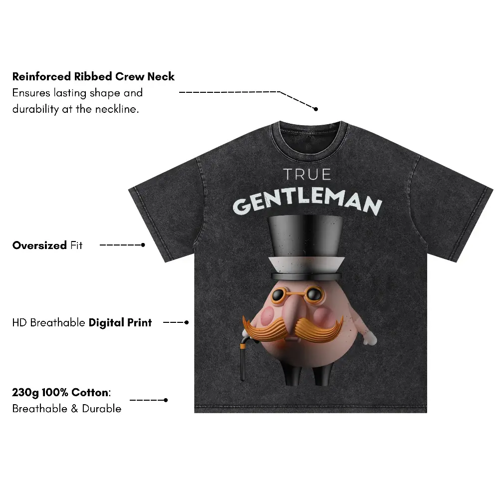 3D Character Gentleman Oversized Acid Wash T-shirt - Image 3