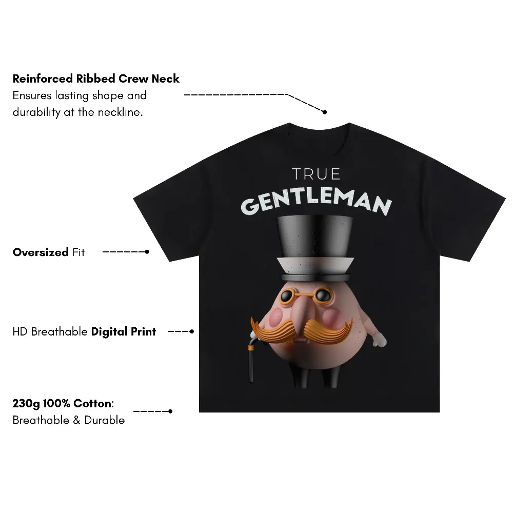 3D Character Gentleman Oversized Black Graphic Tee - Image 3
