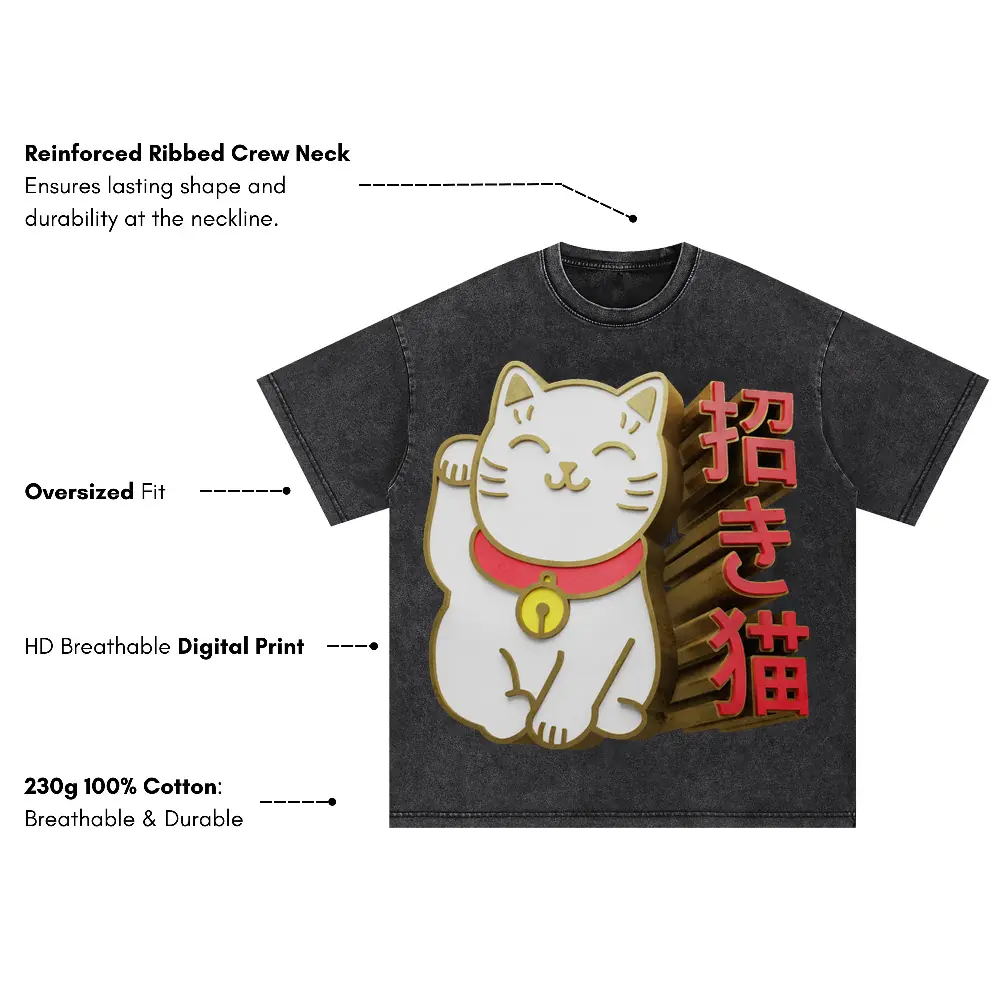 3D Lucky Cat Oversized Acid Wash T-shirt - Image 3