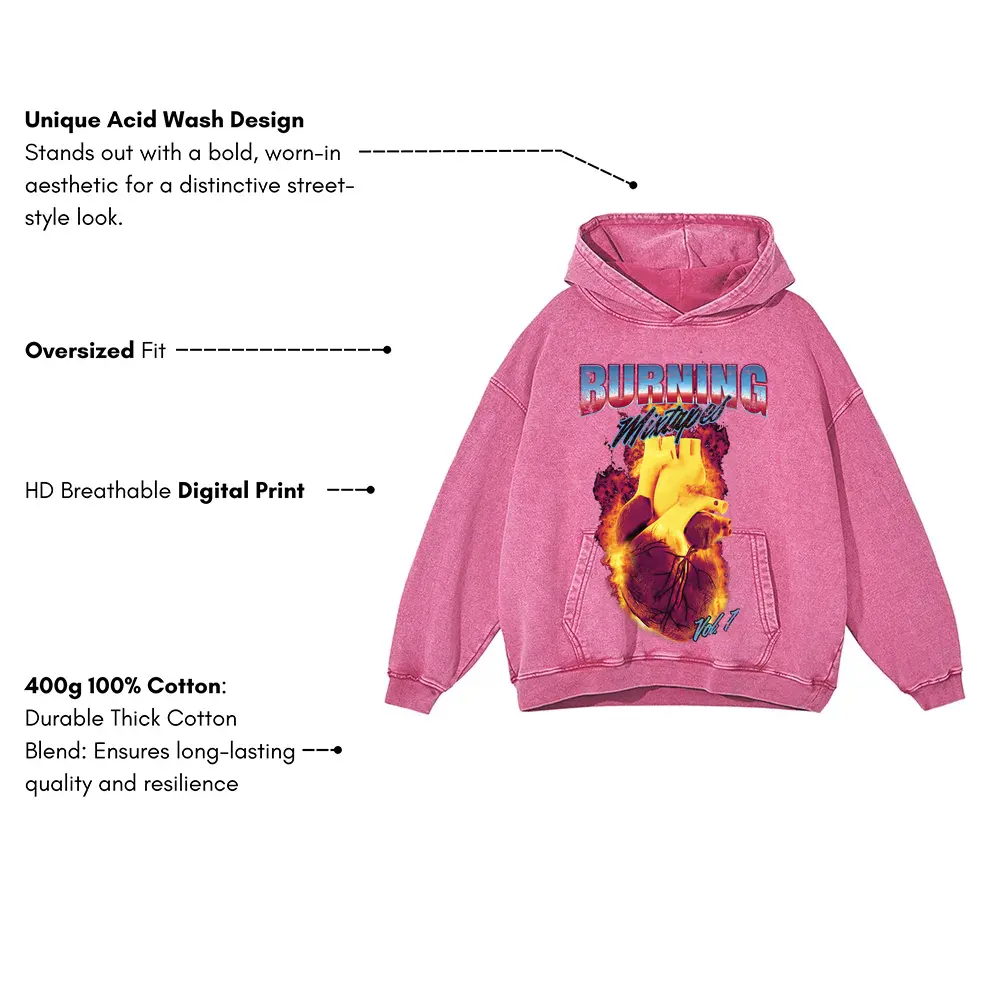 90 S Burning Mixtapes Acid Wash Oversized Pink Hoodie - Image 3