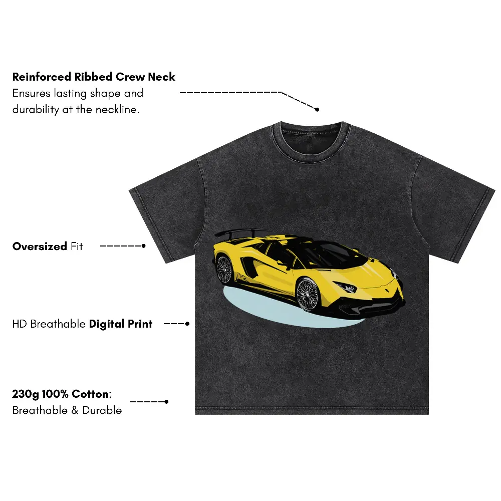 Yellow Lamborghini Oversized Acid Wash T-shirt - Image 3