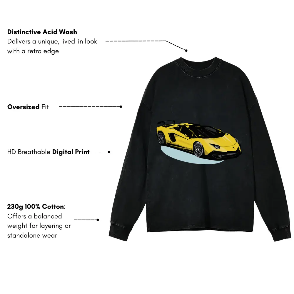 Yellow Lamborghini Acid Wash Oversized Long Sleeve Shirt - Image 3
