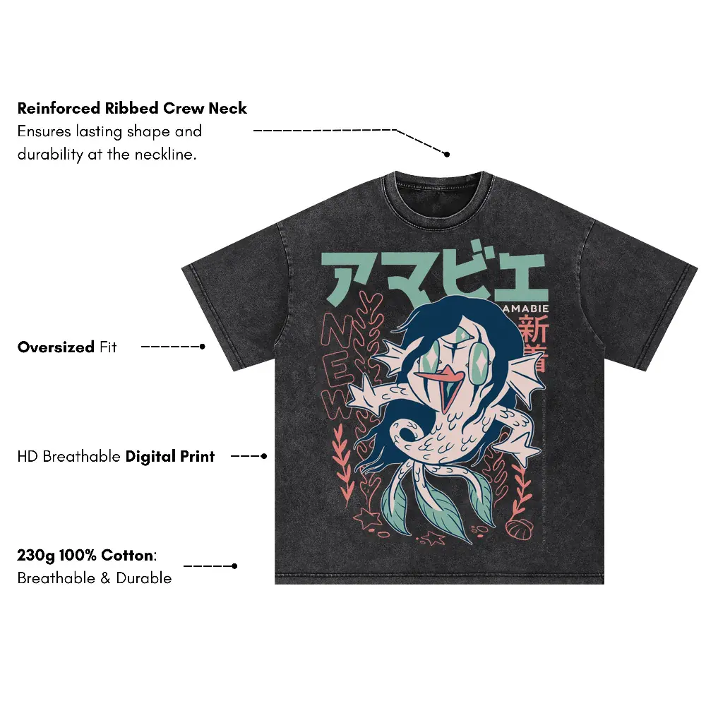 Amabie Yokai Oversized Acid Wash T-shirt - Image 3